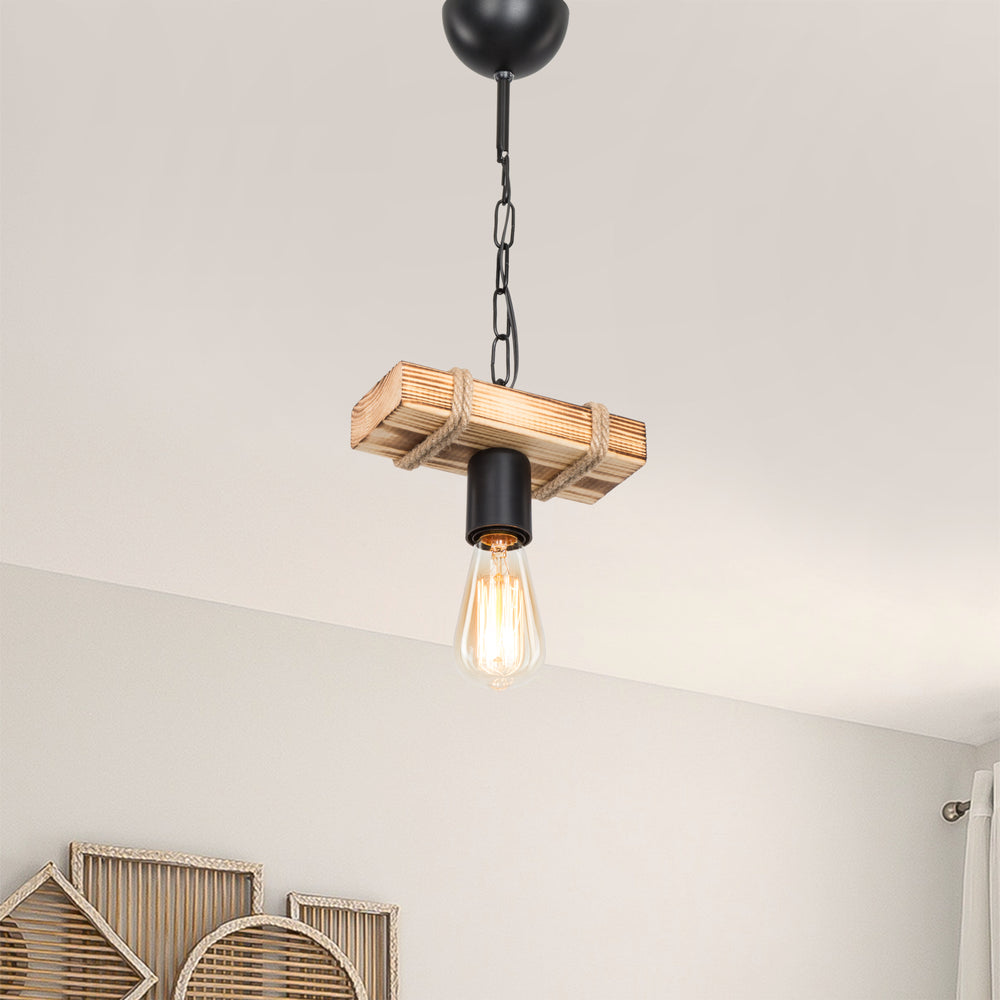 Lampa wisząca Hemel E27 metal lite drewno sznur jutowy czarny / wygląd drewna / kolor juty w różnych rozmiarach [lux.pro] - premiumXL