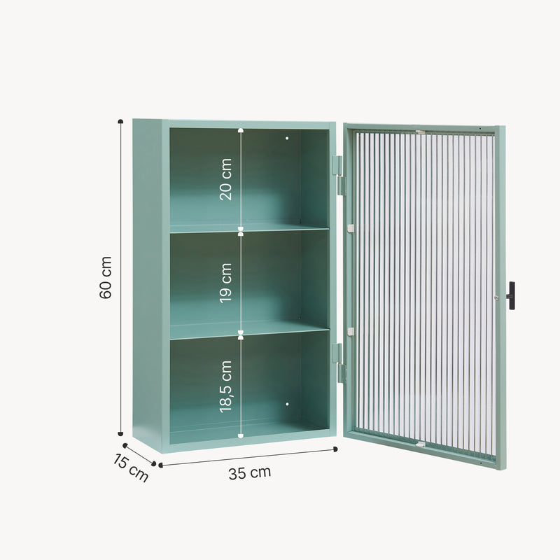 Szkic wymiarowy Szafka wisząca Zundert z drzwiami ze szkła żebrowanego 60x35x15 cm stal [en.casa]