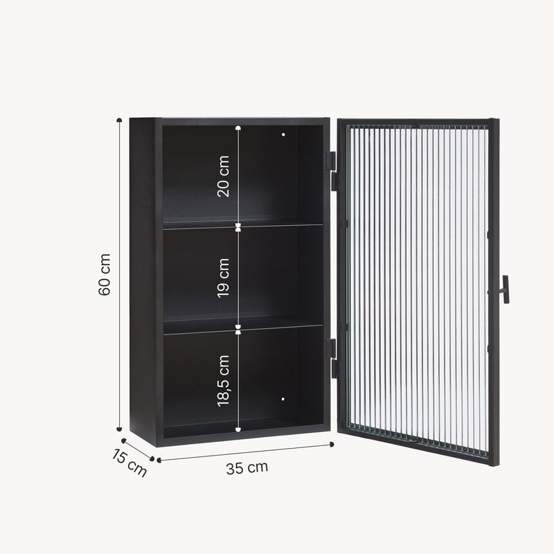 Szkic wymiarowy Szafka wisząca Zundert z drzwiami ze szkła żebrowanego 60x35x15 cm stal [en.casa]