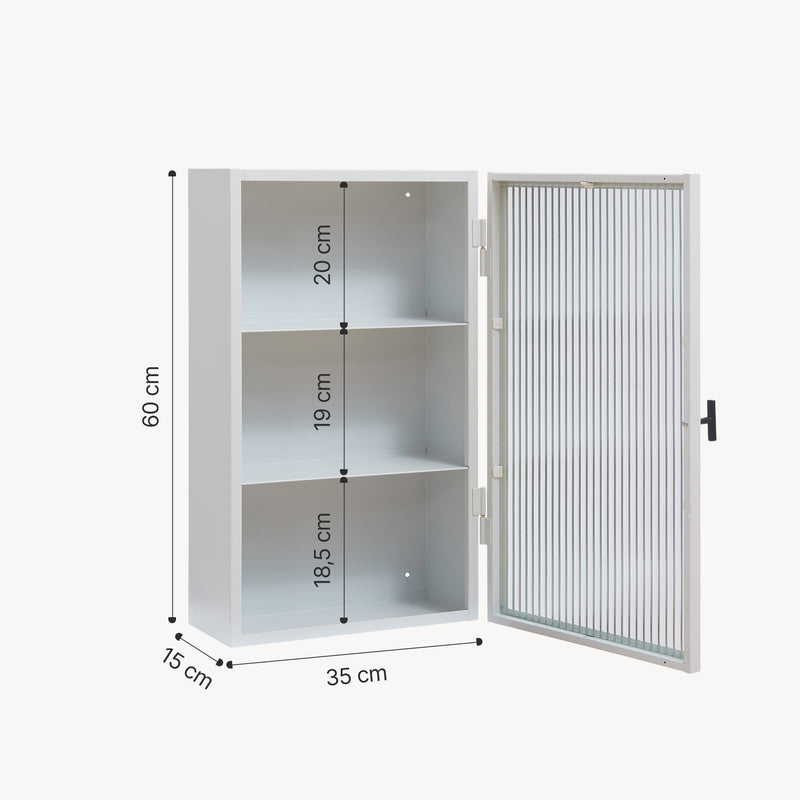 Szkic wymiarowy Szafka wisząca Zundert z drzwiami ze szkła żebrowanego 60x35x15 cm stal [en.casa]