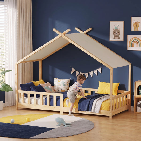 Łóżko domowe Rila w stylu Montessori z barierką zabezpieczającą przed wypadnięciem 90x200 cm [en.casa]