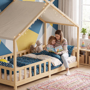 Łóżko domowe Rila w stylu Montessori z barierką zabezpieczającą przed wypadnięciem 90x200 cm [en.casa]
