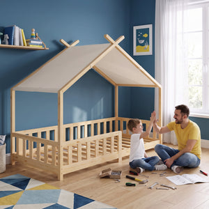 Łóżko domowe Rila w stylu Montessori z barierką zabezpieczającą przed wypadnięciem 90x200 cm [en.casa]