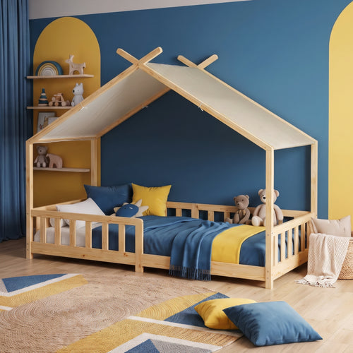 Łóżko domowe Rila w stylu Montessori z barierką zabezpieczającą przed wypadnięciem 90x200 cm [en.casa]