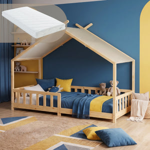 Łóżko domowe Rila w stylu Montessori z materacem i barierką zabezpieczającą przed wypadnięciem 90x200 cm [en.casa]
