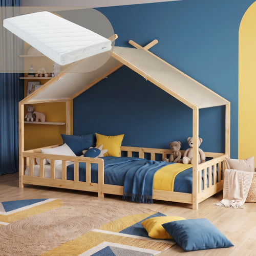 Łóżko domowe Rila w stylu Montessori z materacem i barierką zabezpieczającą przed wypadnięciem 90x200 cm [en.casa]