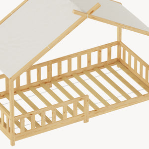 Łóżko domowe Rila w stylu Montessori z barierką zabezpieczającą przed wypadnięciem 90x200 cm [en.casa]