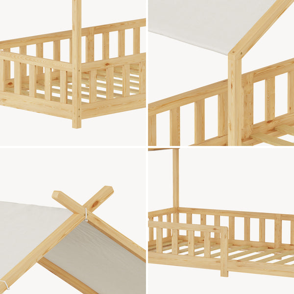 Łóżko domowe Rila w stylu Montessori z barierką zabezpieczającą przed wypadnięciem 90x200 cm [en.casa]
