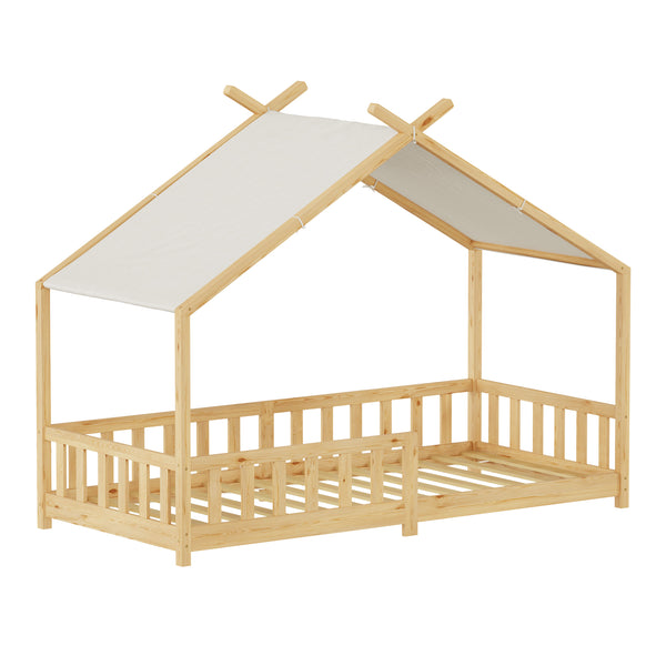 Łóżko domowe Rila w stylu Montessori z barierką zabezpieczającą przed wypadnięciem 90x200 cm [en.casa]