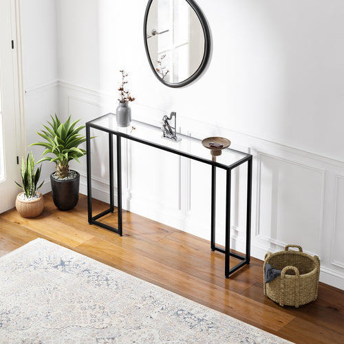 Konsolowy stół Ouby z szklaną płytą 120x25x73 cm Czarny [en.casa]