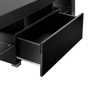 Stolik pod telewizor LED Grimsey 130x35x45 cm z szufladą szklaną półką biały/czarny en.casa
