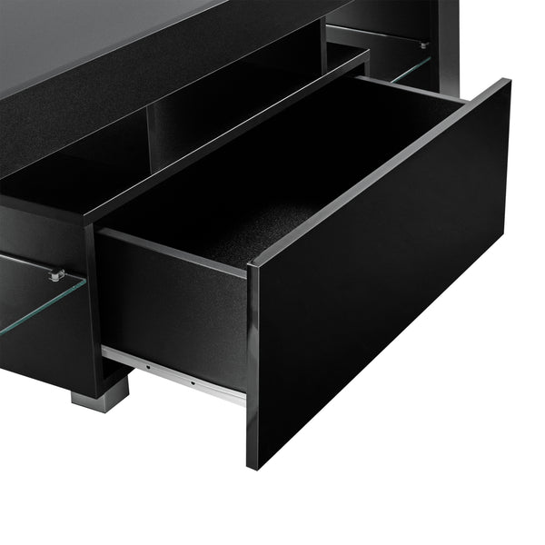 Stolik pod telewizor LED Grimsey 130x35x45 cm z szufladą szklaną półką biały/czarny en.casa