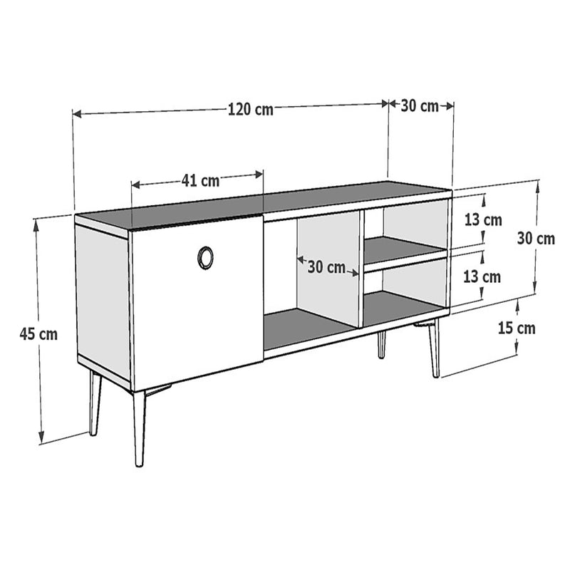 Szkic wymiarowy Stolik pod telewizor Nannestad 45x120x30 cm w różnych kolorach. kolory [en.casa]
