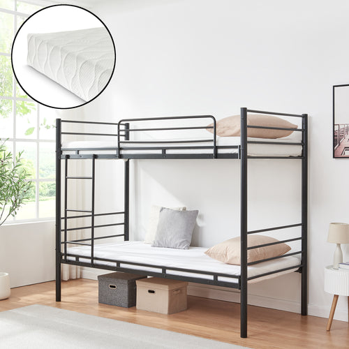 Metalowe łóżko piętrowe Bevapis z 2 materacami 90x200 cm czarne [en.casa]