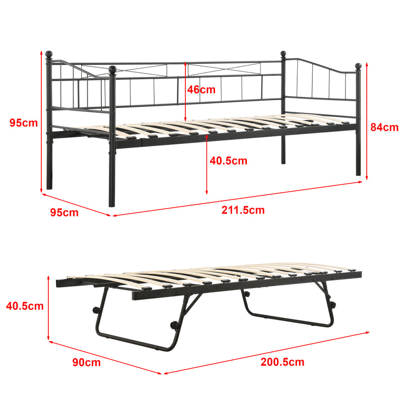 Szkic wymiarowy Metalowe łóżko dzienne Skutskär 90x200cm en.casa