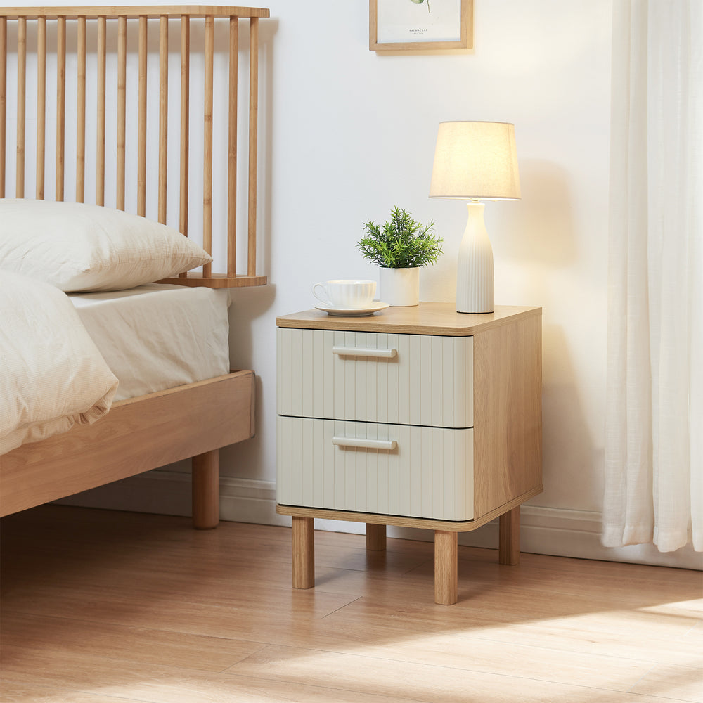 Stolik nocny Ferrersp z 2 szufladami 50x40x40 cm dąb optyka/piaskowy kolor [en.casa]