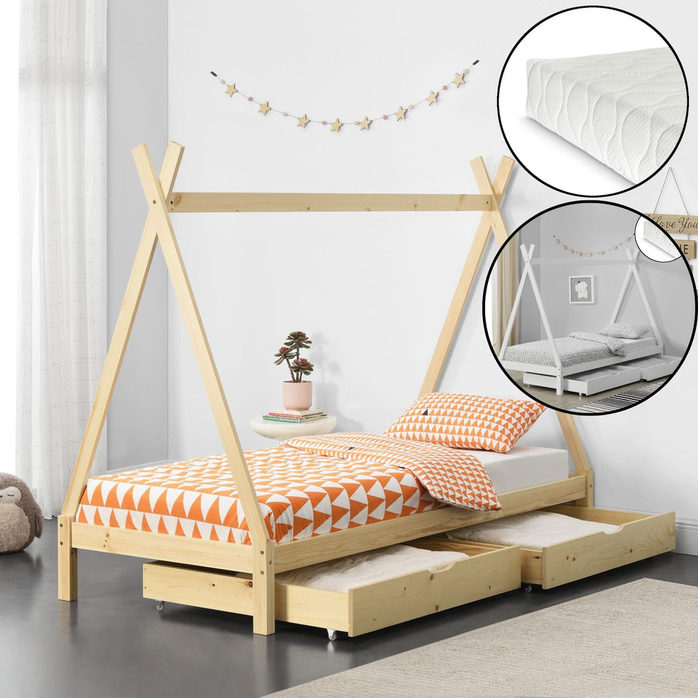 Łóżko dziecięce Maine 90x200cm z 2 szufladami i materacem z pianki zimnej [en.casa]