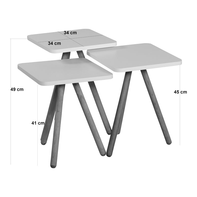 Szkic wymiarowy Hobro stolik kawowy zestaw 3 kwadratowych 49x34x34 cm [en.casa]