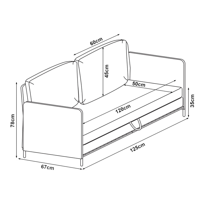Szkic wymiarowy Sofa Soini z funkcją rozkładania w różnych kolorach. kolory [en.casa]