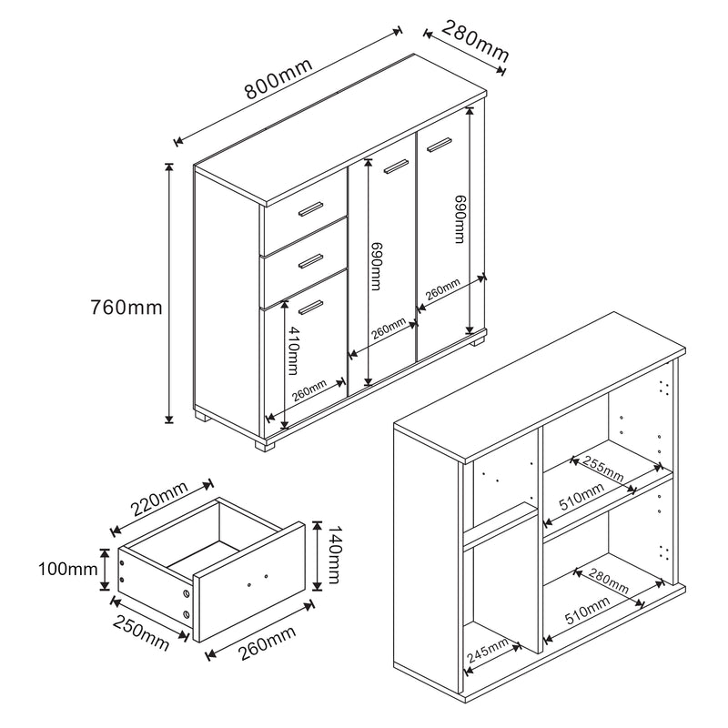 Szkic wymiarowy Kredens Crimla 76x80x28cm [en.casa]