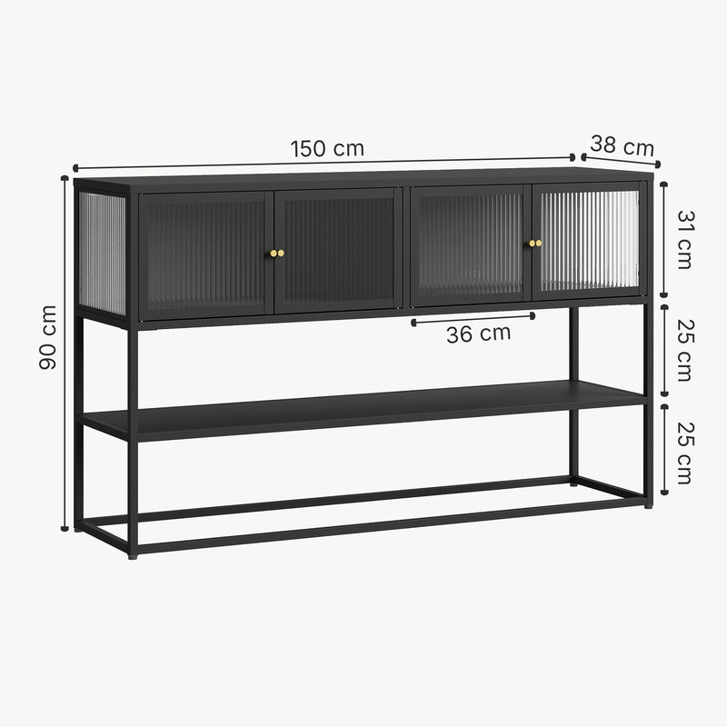 Szkic wymiarowy Sideboard Säkylä z 4 szklanymi drzwiami 150x38x90 cm stal [en.casa]