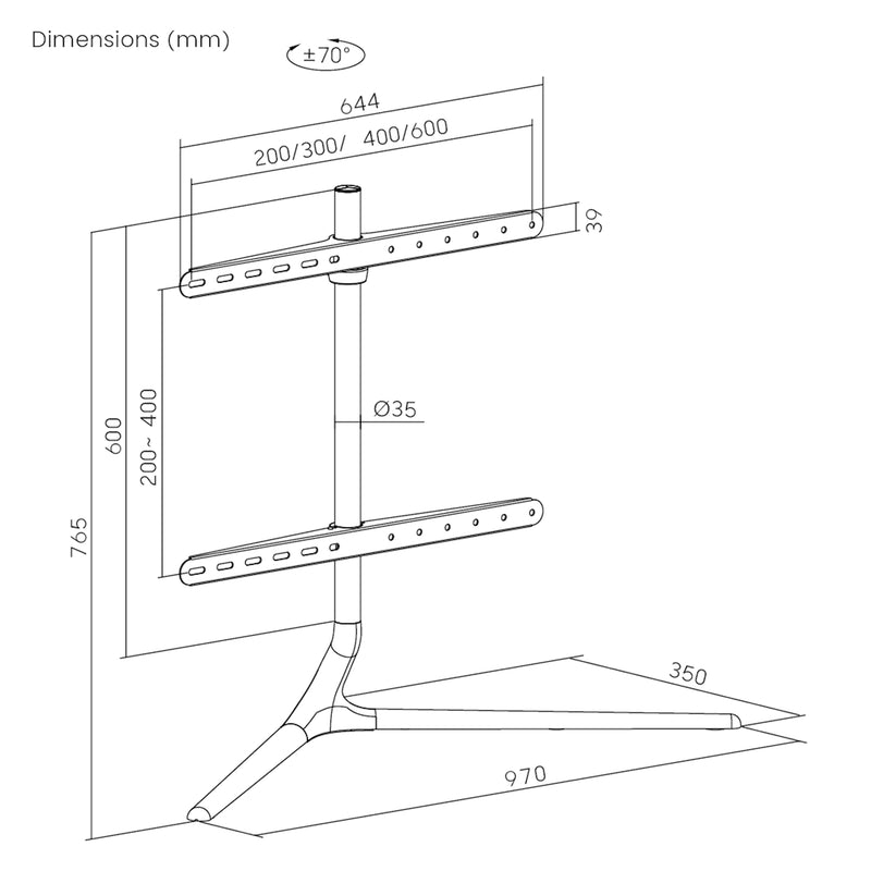 Szkic wymiarowy Podstawa pod telewizor Ystad 765x97x35cm [pro.tec]
