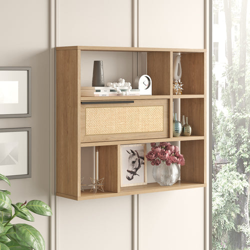 Półka ścienna Kvænangen 90x22x81cm dąb/rattan [en.casa]