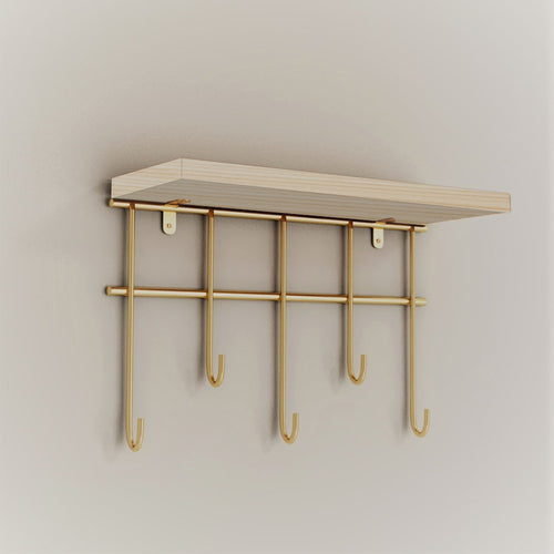 Wandregal Parikkala mit 5 Haken Natur/Goldfarben [en.casa] - premiumXL