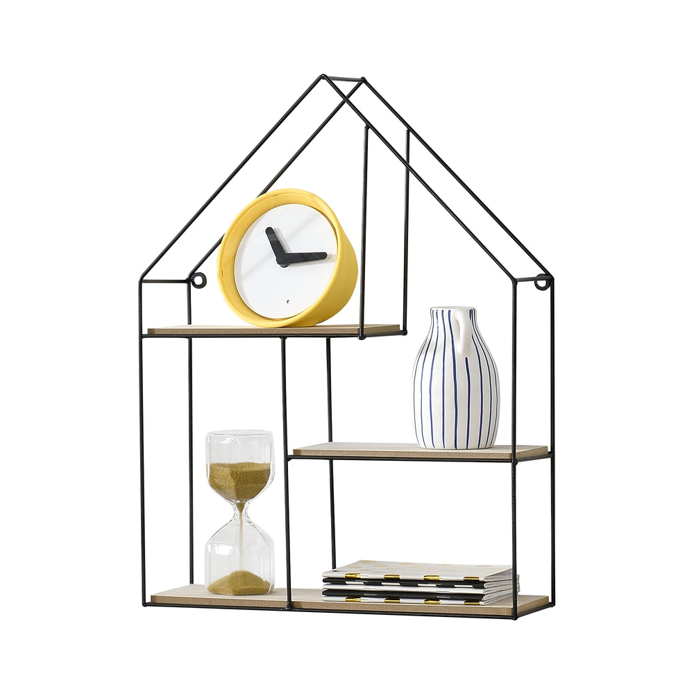 Półka ścienna Ibex 39x12x52 cm w kształcie domu z 3 półkami Czarna en.casa