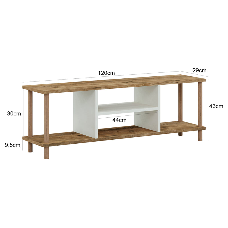 Szkic wymiarowy Stolik TV Ærøskøbing z 2 półkami 43x120x29 cm różne kolory kolory [en.casa]